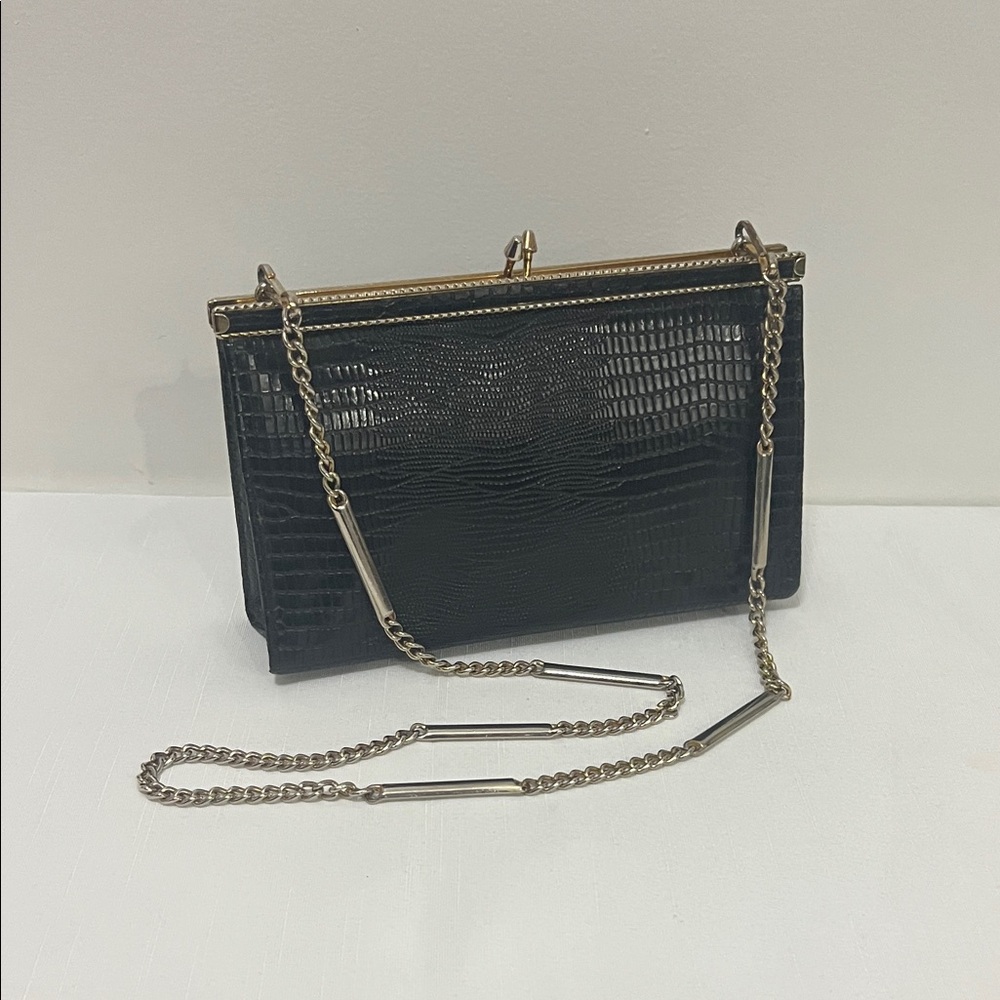 Vintage Black Reptile Print Chain Shoulder Bag
